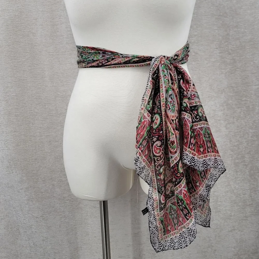 Silk Chiffon Red Green Paisley Patterned Scarf Head Wrap Belt